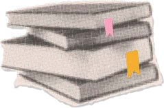 Ilustração estilo colagem de uma pilha de livros com textura pontilhada e pequenas tags coloridas em rosa e amarelo, representando conhecimento e aprendizado contínuo.