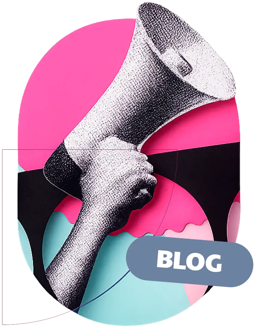 Ilustração em círculo alongado com uma mão em halftone segurando um megafone vintage, encimada pela etiqueta "Blog".